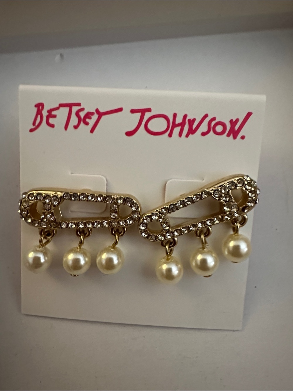 Betsey Johnson Gold Tone Crystal Safety Pin Earrings with Pearl Drops